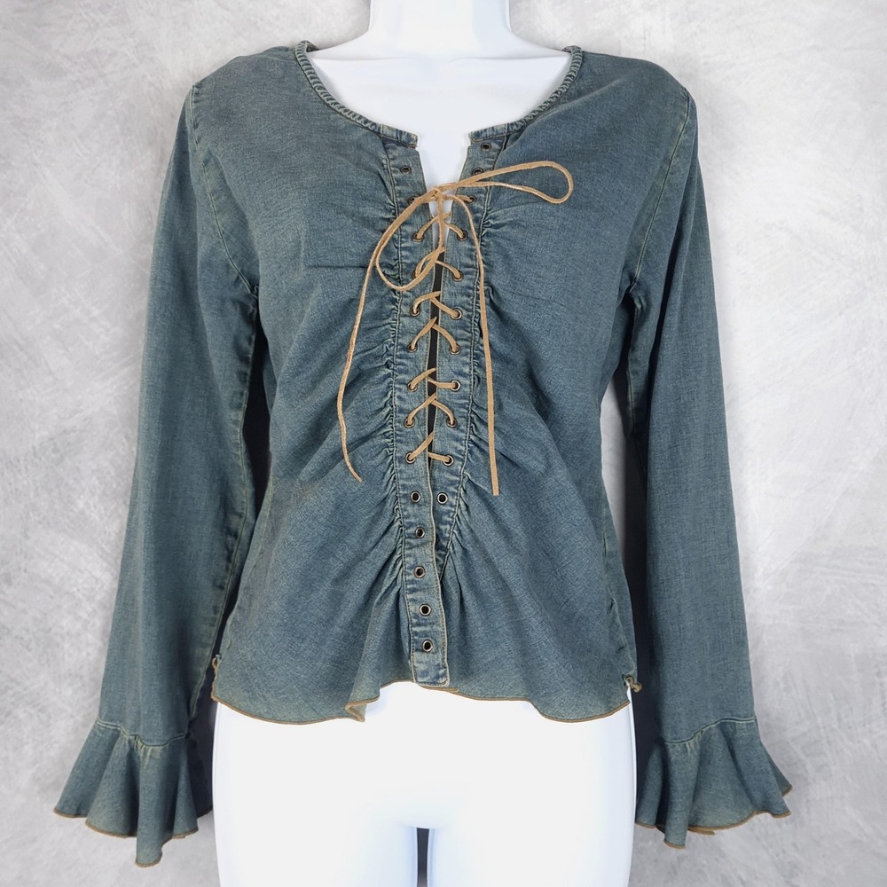 Vintage Y2K Top Womens Small Blue Denim Corset Lace Up Bell Sleeve Western Fairy
